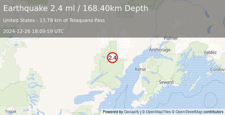 Earthquake 102 km NE of Port Alsworth, Alaska (2.4 ml) (2024-12-26 18:09:59 UTC)