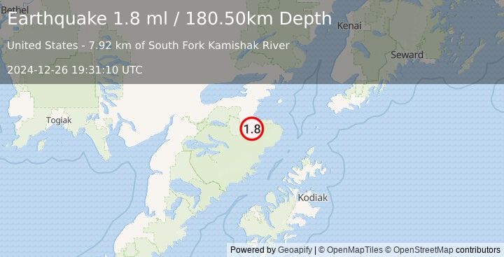 Earthquake 63 km SSE of Kokhanok, Alaska (1.8 ml) (2024-12-26 19:31:10 UTC)