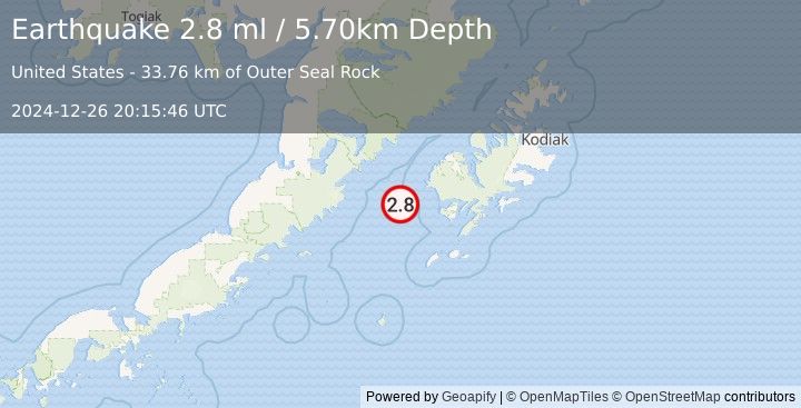 Earthquake 68 km WNW of Akhiok, Alaska (2.8 ml) (2024-12-26 20:15:46 UTC)