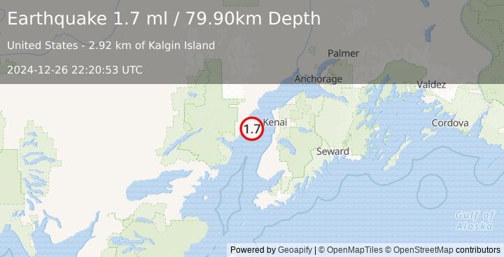 Earthquake 38 km W of Kalifornsky, Alaska (1.7 ml) (2024-12-26 22:20:53 UTC)