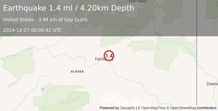 Earthquake 11 km E of Fox, Alaska (1.4 ml) (2024-12-27 00:00:42 UTC)