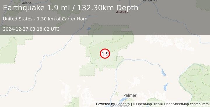 Earthquake 63 km N of Petersville, Alaska (1.9 ml) (2024-12-27 03:18:02 UTC)