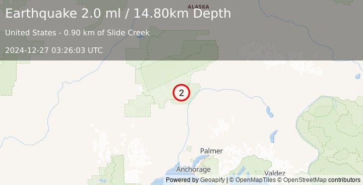 Earthquake 36 km NNE of Petersville, Alaska (2.0 ml) (2024-12-27 03:26:03 UTC)