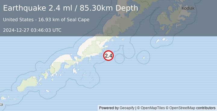 Earthquake 44 km SSE of Chignik, Alaska (2.4 ml) (2024-12-27 03:46:03 UTC)