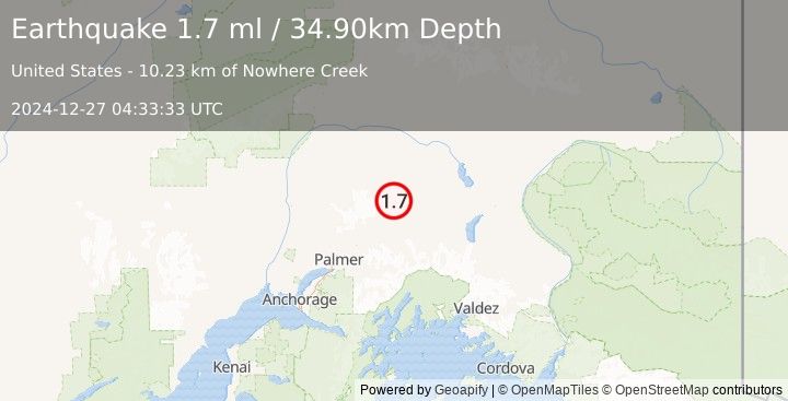 Earthquake 42 km NNW of Glacier View, Alaska (1.7 ml) (2024-12-27 04:33:33 UTC)