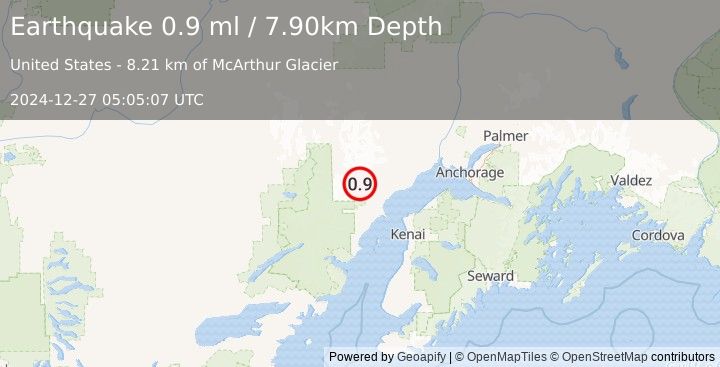 Earthquake 63 km W of Tyonek, Alaska (0.9 ml) (2024-12-27 05:05:07 UTC)