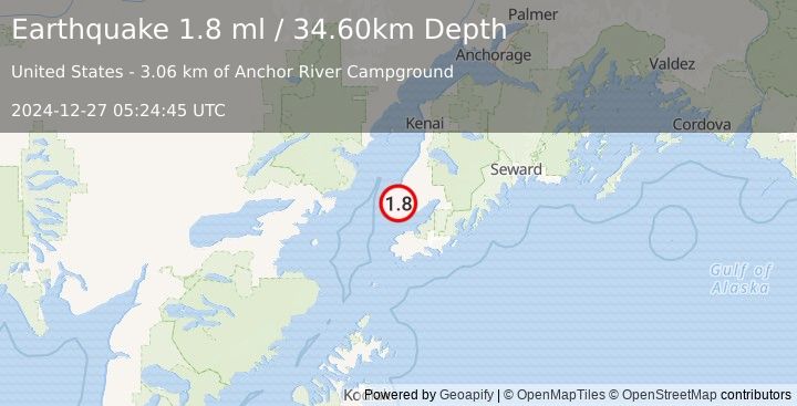 Earthquake 3 km ESE of Anchor Point, Alaska (1.8 ml) (2024-12-27 05:24:45 UTC)