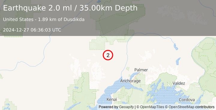 Earthquake 15 km NNW of Skwentna, Alaska (2.0 ml) (2024-12-27 06:36:03 UTC)