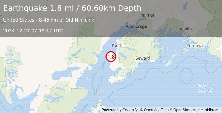 Earthquake 12 km N of Ninilchik, Alaska (1.8 ml) (2024-12-27 07:19:17 UTC)