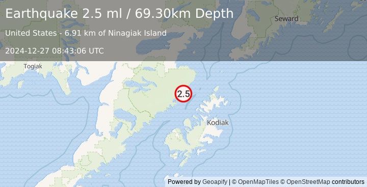 Earthquake 71 km NW of Aleneva, Alaska (2.5 ml) (2024-12-27 08:43:06 UTC)