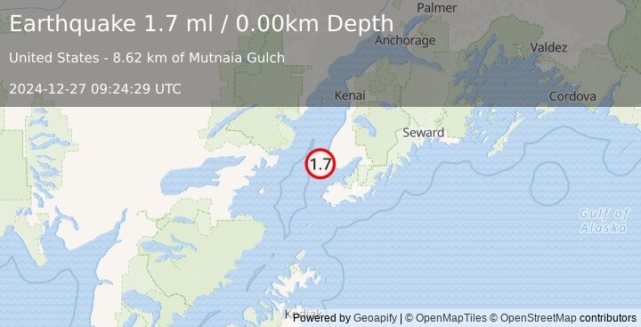 Earthquake 11 km SW of Anchor Point, Alaska (1.7 ml) (2024-12-27 09:24:29 UTC)