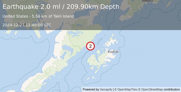 Earthquake 53 km N of Karluk, Alaska (2.0 ml) (2024-12-27 11:40:00 UTC)