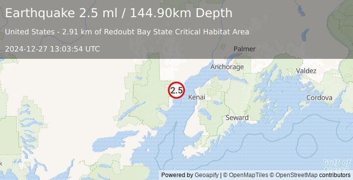 Earthquake 47 km WNW of Salamatof, Alaska (2.5 ml) (2024-12-27 13:03:54 UTC)