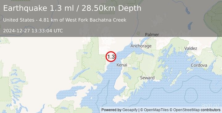 Earthquake 43 km WNW of Nikiski, Alaska (1.3 ml) (2024-12-27 13:33:04 UTC)