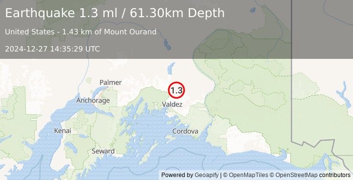 Earthquake 35 km NNE of Valdez, Alaska (1.3 ml) (2024-12-27 14:35:29 UTC)