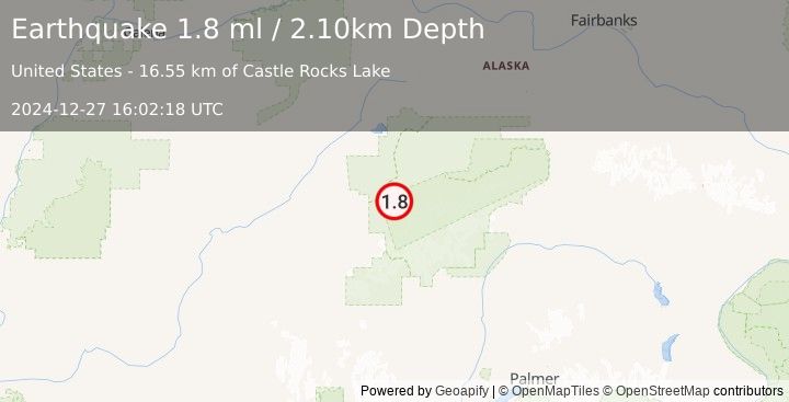 Earthquake 34 km SSW of Denali National Park, Alaska (1.8 ml) (2024-12-27 16:02:18 UTC)