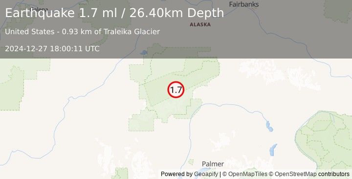 Earthquake 64 km SE of Denali National Park, Alaska (1.7 ml) (2024-12-27 18:00:11 UTC)