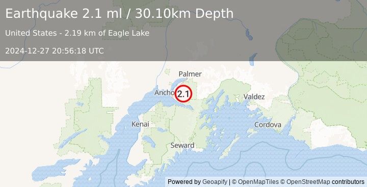 Earthquake 14 km ESE of Elmendorf Air Force Base, Alaska (2.1 ml) (2024-12-27 20:56:18 UTC)