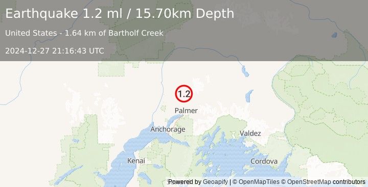 Earthquake 22 km N of Fishhook, Alaska (1.2 ml) (2024-12-27 21:16:43 UTC)