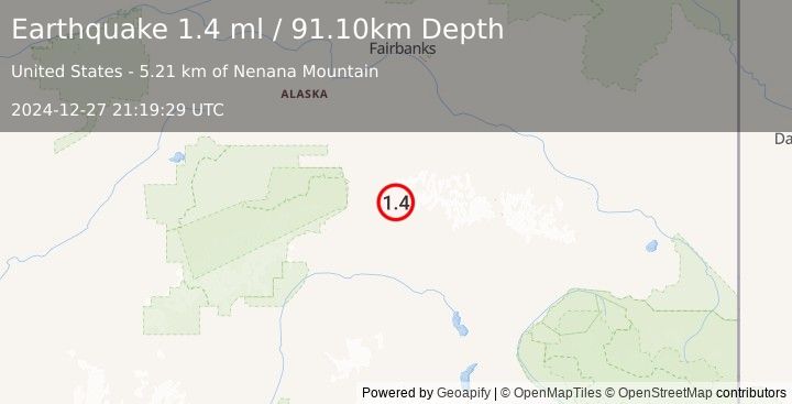 Earthquake 56 km ENE of Cantwell, Alaska (1.4 ml) (2024-12-27 21:19:29 UTC)