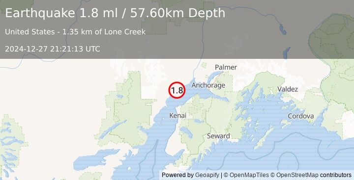 Earthquake 9 km WNW of Tyonek, Alaska (1.8 ml) (2024-12-27 21:21:13 UTC)