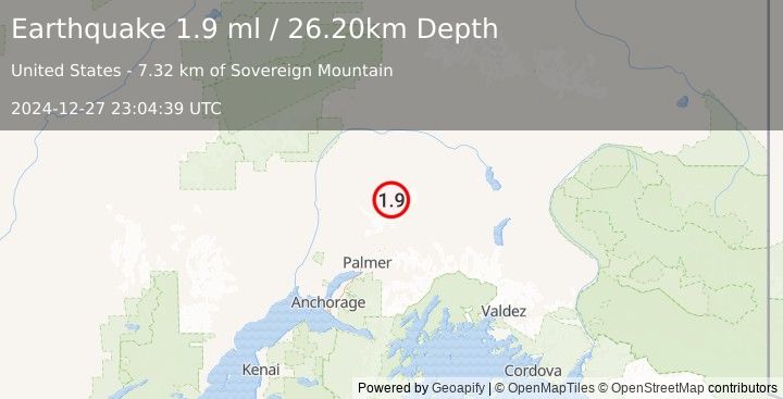 Earthquake 45 km N of Chickaloon, Alaska (1.9 ml) (2024-12-27 23:04:39 UTC)