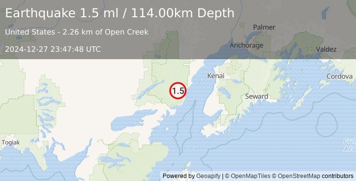 Earthquake 73 km WNW of Ninilchik, Alaska (1.5 ml) (2024-12-27 23:47:48 UTC)