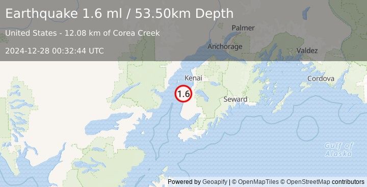 Earthquake 15 km W of Clam Gulch, Alaska (1.6 ml) (2024-12-28 00:32:44 UTC)