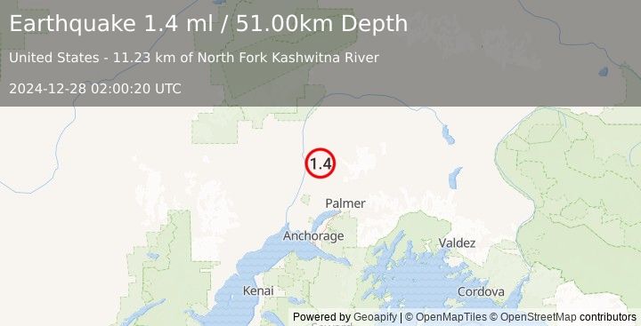 Earthquake 12 km SSE of Susitna North, Alaska (1.4 ml) (2024-12-28 02:00:20 UTC)