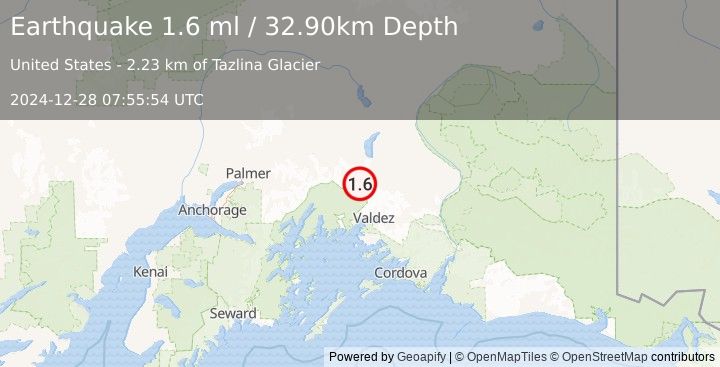 Earthquake 43 km NNW of Valdez, Alaska (1.6 ml) (2024-12-28 07:55:54 UTC)