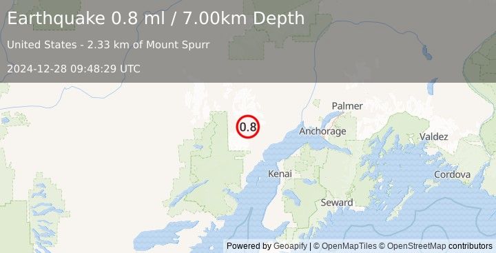 Earthquake 65 km WNW of Tyonek, Alaska (0.8 ml) (2024-12-28 09:48:29 UTC)