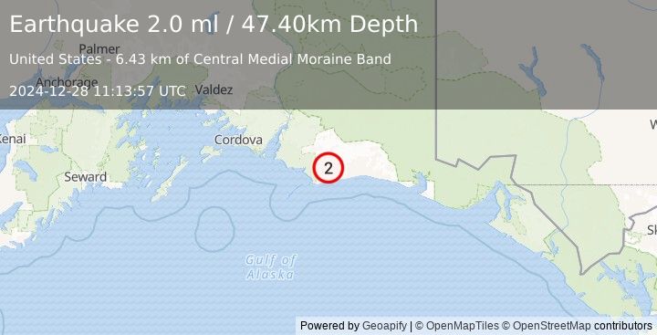 Earthquake 125 km ESE of Cordova, Alaska (2.0 ml) (2024-12-28 11:13:57 UTC)