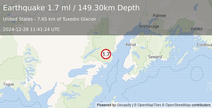 Earthquake 66 km E of Port Alsworth, Alaska (1.7 ml) (2024-12-28 11:41:24 UTC)