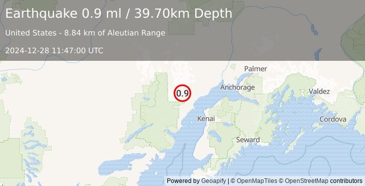 Earthquake 61 km W of Tyonek, Alaska (0.9 ml) (2024-12-28 11:47:00 UTC)