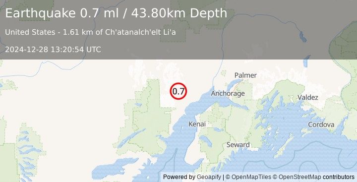 Earthquake 55 km WNW of Tyonek, Alaska (0.7 ml) (2024-12-28 13:20:54 UTC)