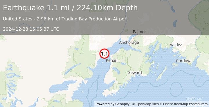 Earthquake 28 km WNW of Nikiski, Alaska (1.1 ml) (2024-12-28 15:05:37 UTC)