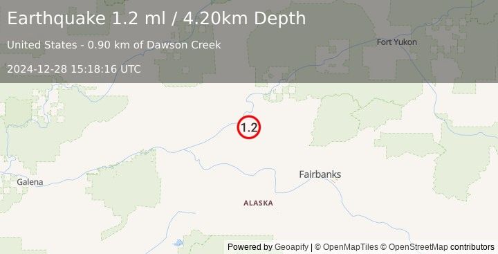 Earthquake 10 km ESE of Rampart, Alaska (1.2 ml) (2024-12-28 15:18:16 UTC)