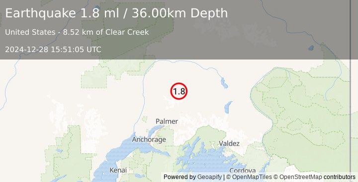 Earthquake 48 km N of Chickaloon, Alaska (1.8 ml) (2024-12-28 15:51:05 UTC)