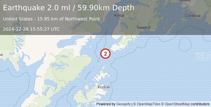 Earthquake 35 km SW of Nanwalek, Alaska (2.0 ml) (2024-12-28 15:55:27 UTC)