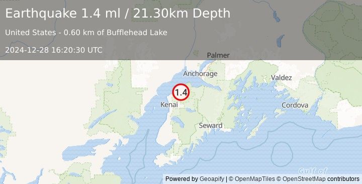 Earthquake 11 km SSW of Point Possession, Alaska (1.4 ml) (2024-12-28 16:20:30 UTC)