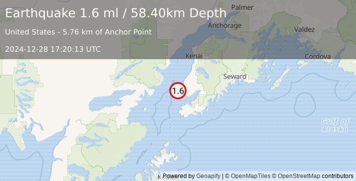 Earthquake 7 km W of Anchor Point, Alaska (1.6 ml) (2024-12-28 17:20:13 UTC)