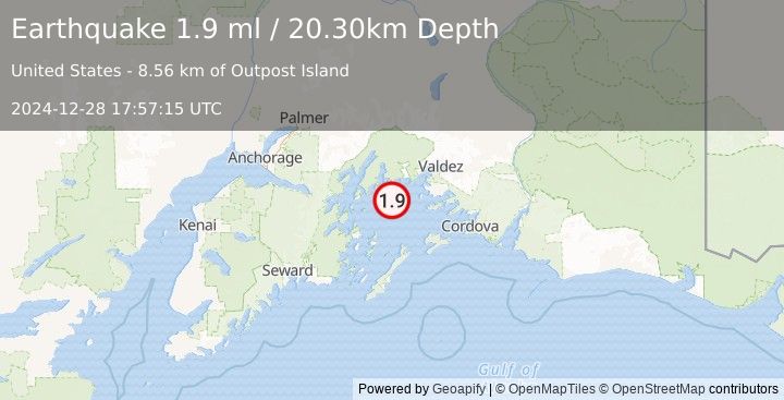 Earthquake 36 km WSW of Tatitlek, Alaska (1.9 ml) (2024-12-28 17:57:15 UTC)