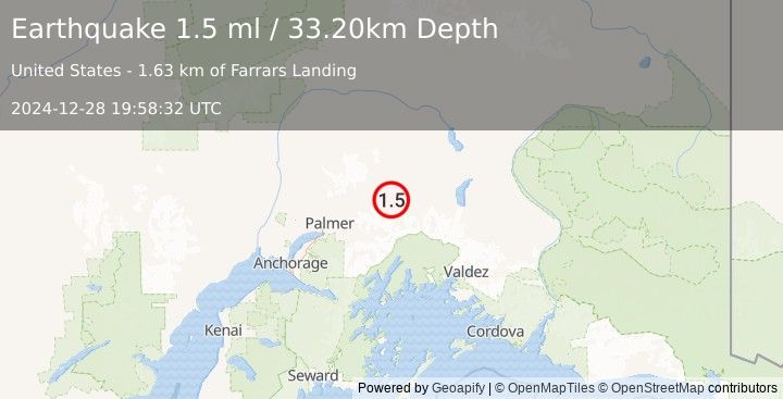 Earthquake 10 km W of Glacier View, Alaska (1.5 ml) (2024-12-28 19:58:32 UTC)