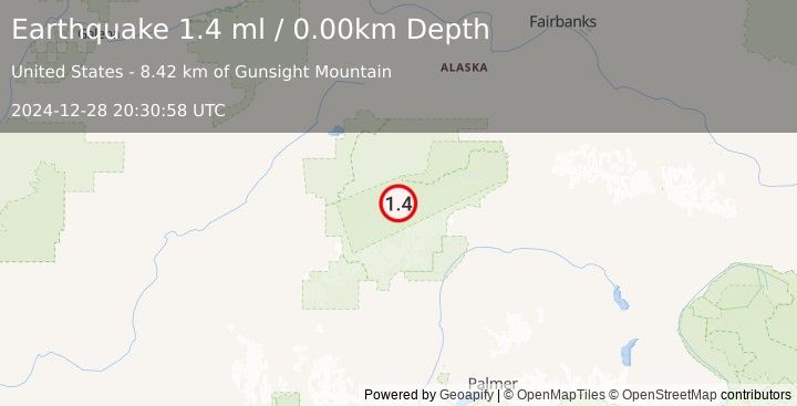 Earthquake 48 km SE of Denali National Park, Alaska (1.4 ml) (2024-12-28 20:30:58 UTC)