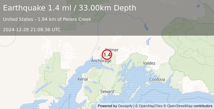 Earthquake 11 km SE of Knik-Fairview, Alaska (1.4 ml) (2024-12-28 21:08:36 UTC)