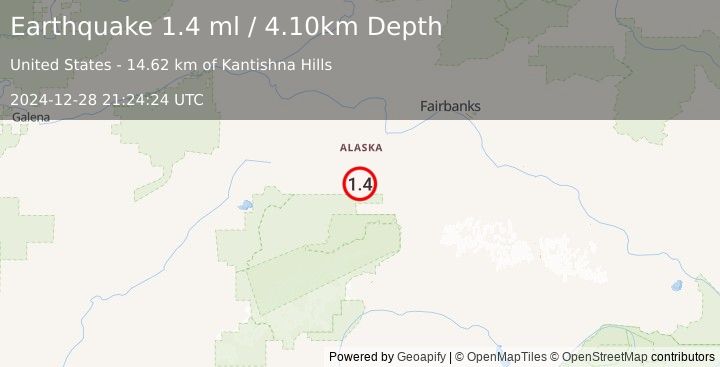 Earthquake 30 km WNW of Ferry, Alaska (1.4 ml) (2024-12-28 21:24:24 UTC)