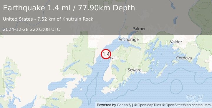 Earthquake 15 km W of Nikiski, Alaska (1.4 ml) (2024-12-28 22:03:08 UTC)