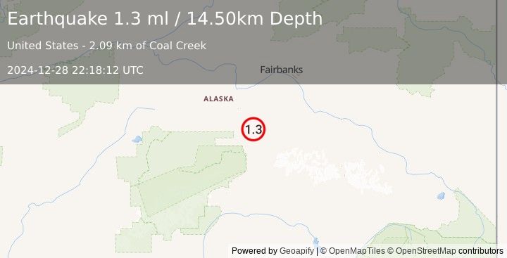 Earthquake 25 km E of Ferry, Alaska (1.3 ml) (2024-12-28 22:18:12 UTC)