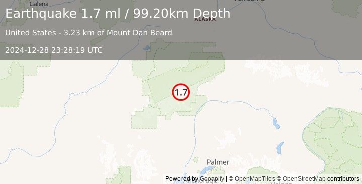 Earthquake 59 km N of Petersville, Alaska (1.7 ml) (2024-12-28 23:28:19 UTC)