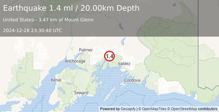 Earthquake 48 km SSE of Glacier View, Alaska (1.4 ml) (2024-12-28 23:30:40 UTC)